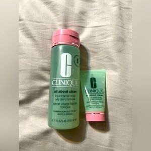 All about clean. Liquid facial soap by Clinique. Full and travel size included.
